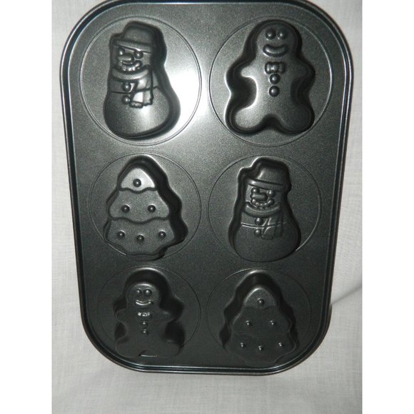 Christmas Cake Pan Mini Tree Snowman Gingerbread Man 6 Cavity Non Stick - Picture 5 of 5